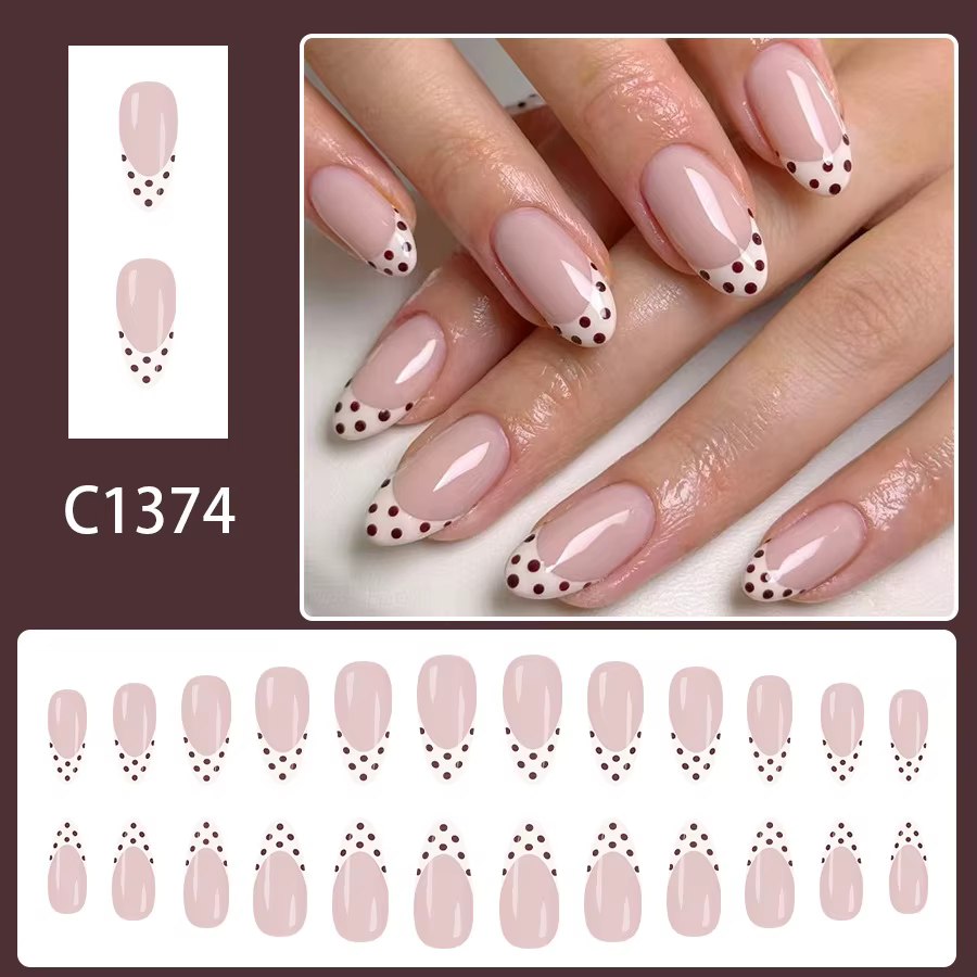 Presse à ongles en amande moyenne de style français doux, 24 pièces, blanc avec pointes et points ma