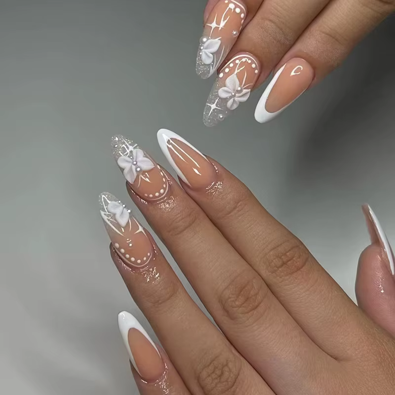 24 faux ongles à presser en amande, motif floral, rose français, à pois, couvrance totale, avec stra