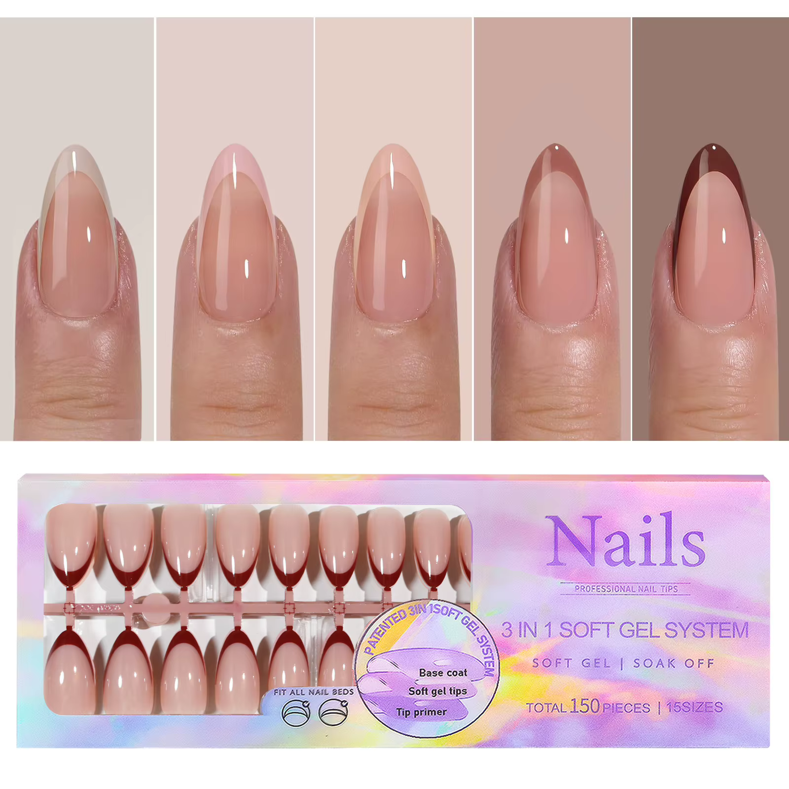 150 pièces 6 couleurs faux ongles multi-tailles faux ongles presse sur ongles acryliques amande fran