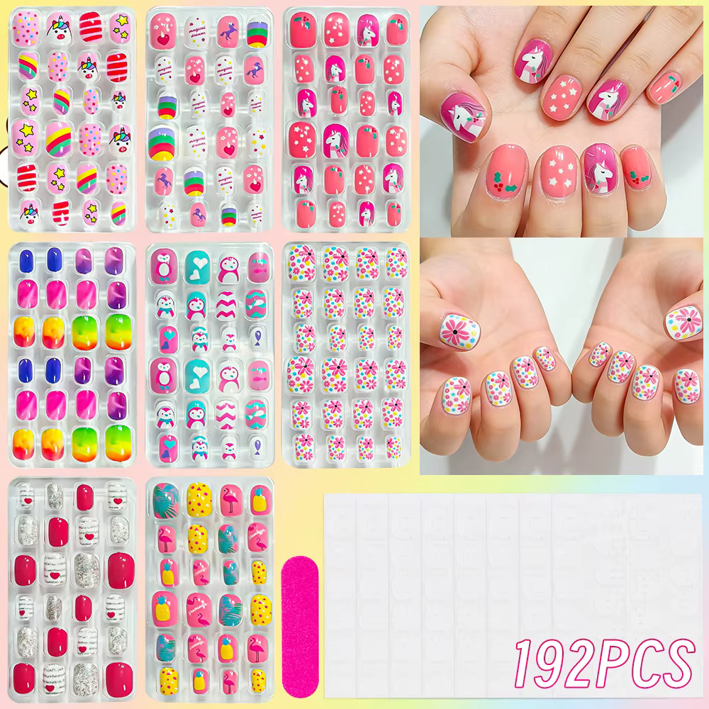 8 boîtes (192 pièces) de faux ongles à presser pour enfants, motifs arc-en-ciel, cheval, étoile, fle