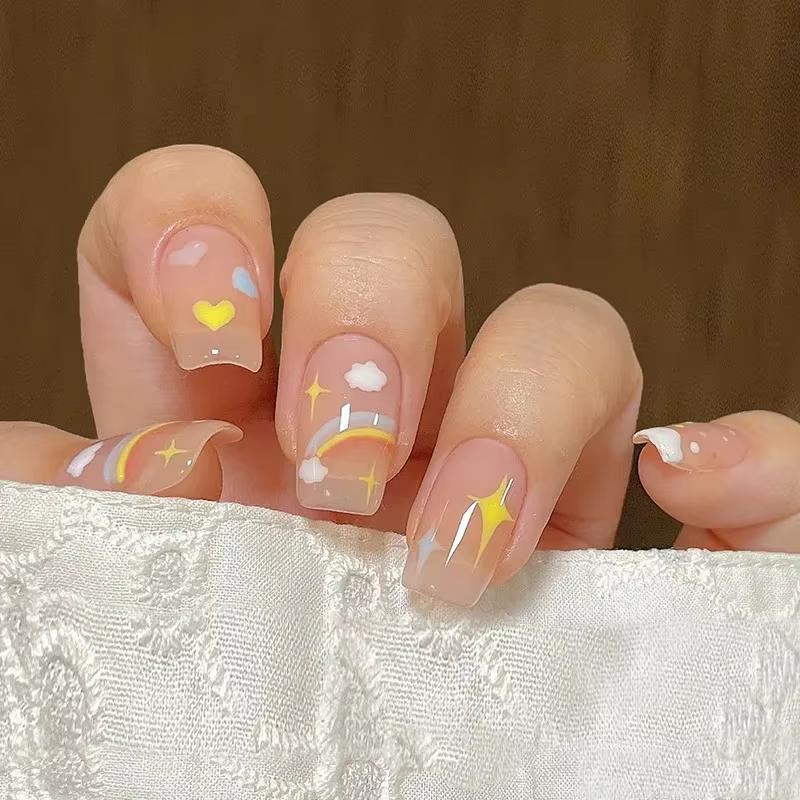 24P Faux Ongles Arc-en-ciel Mignons et Enfantins, Couverture Complète, Réutilisables, à Presser, Sty