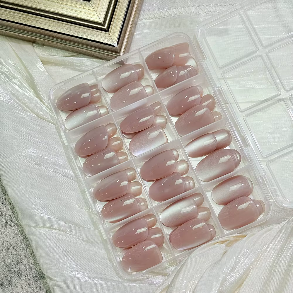 144 pièces/boîte, faux ongles en gel rose nude, effet œil de chat, brillants, courts, tête ronde, fa