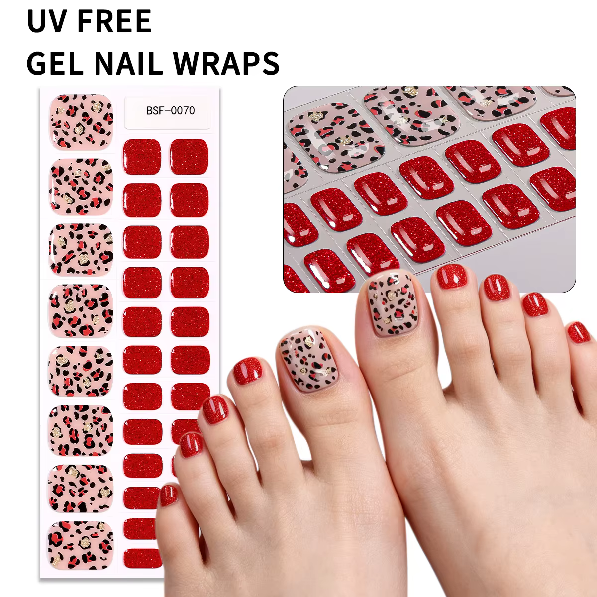 34 autocollants pour ongles de pieds en gel sans UV, motif léopard, paillettes rouges, couverture co