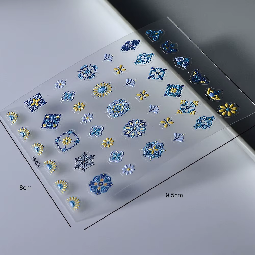 Autocollants pour ongles bohème 5D, 1 pièce, autocollant pour ongles, Design abstrait, rétro, bleu, 