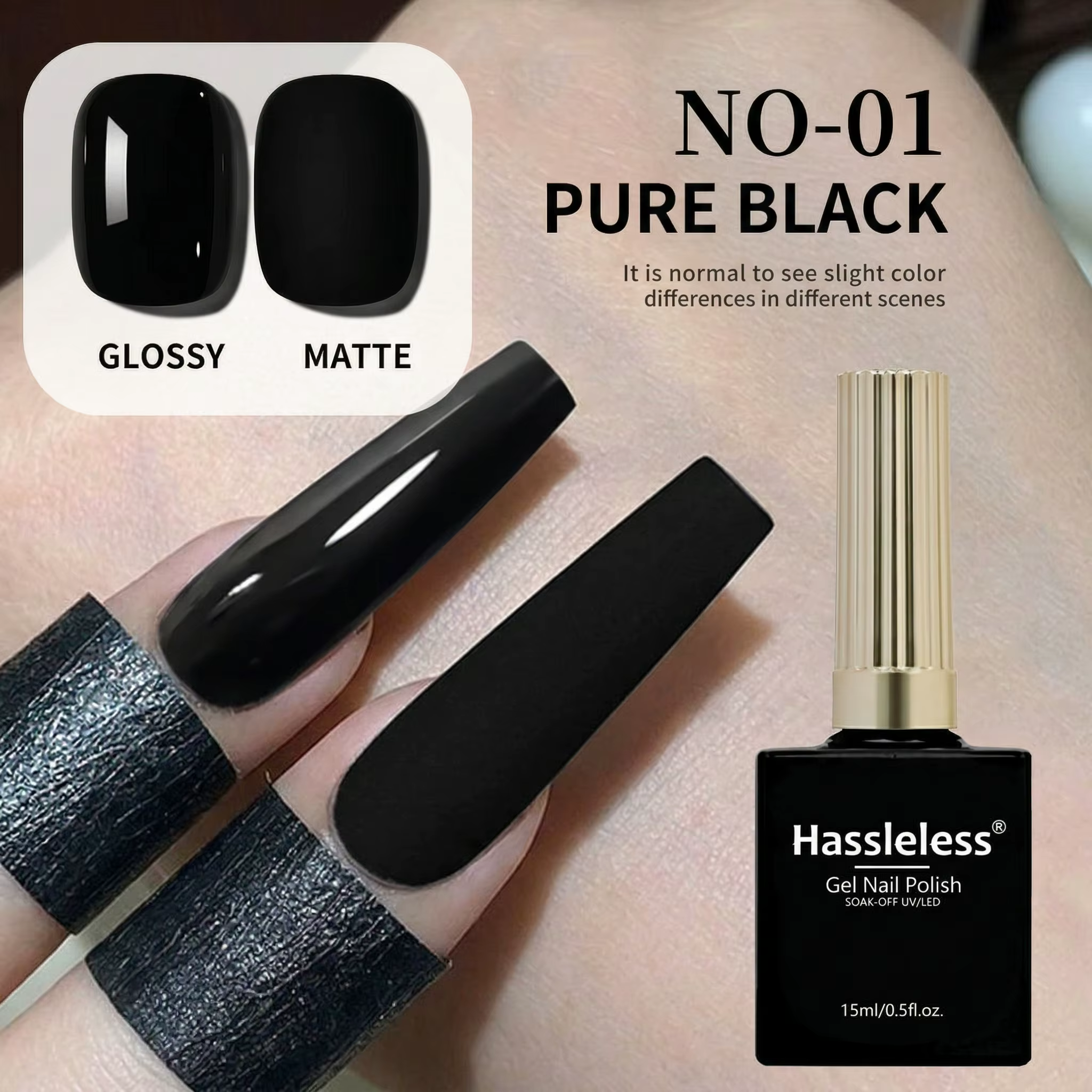 Vernis à ongles UV/LED noir Hassleless 15 ml — finition ultra brillante ; un incontournable pour les