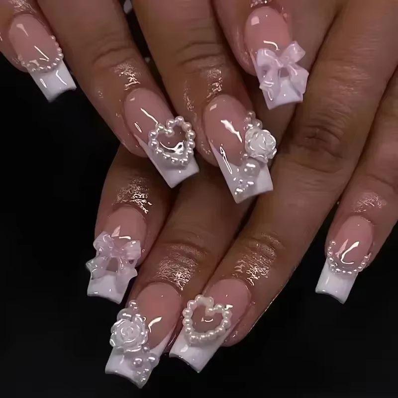 Faux ongles français à motif zèbre rose, à pression, en forme de cercueil, carrés moyens, Y2k, couve