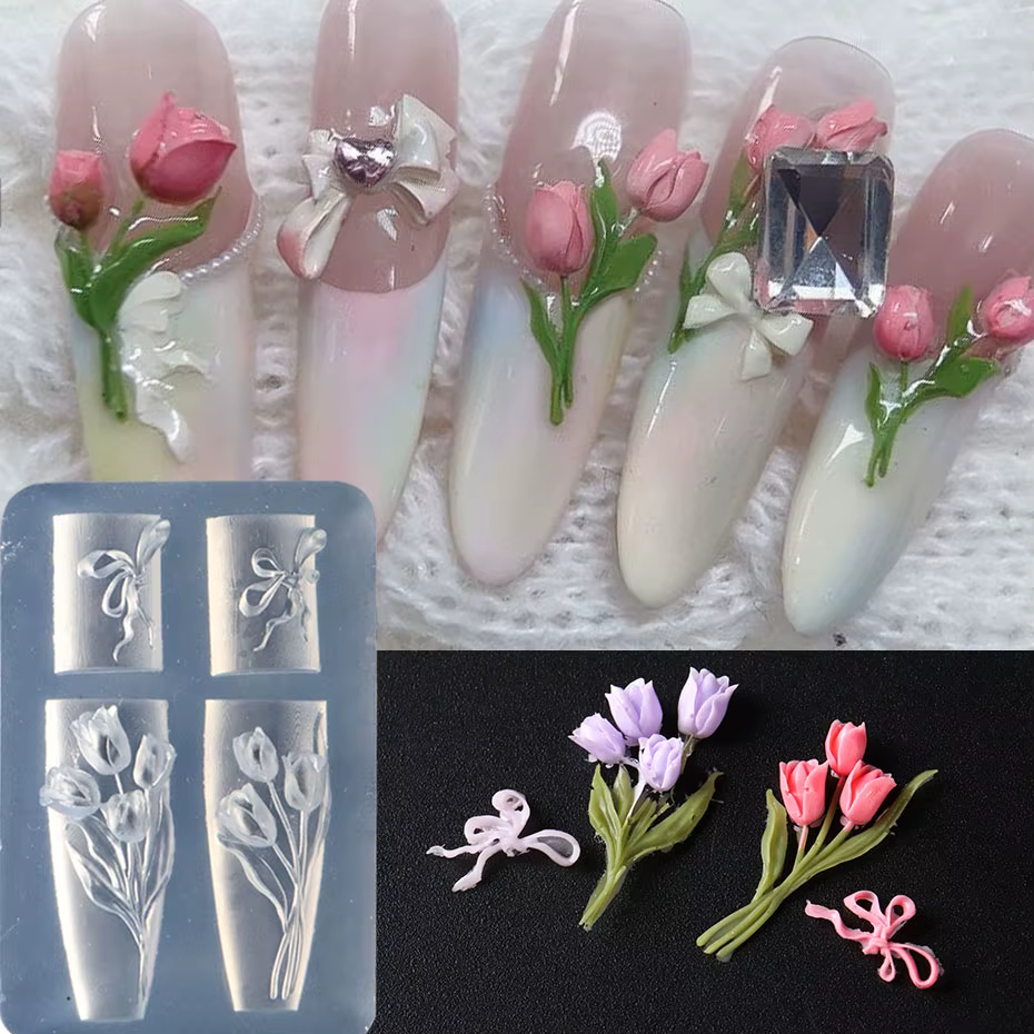 5D tulipe bouquet ongles breloques moule en Silicone doux nœud papillon conception sculpture Art rés