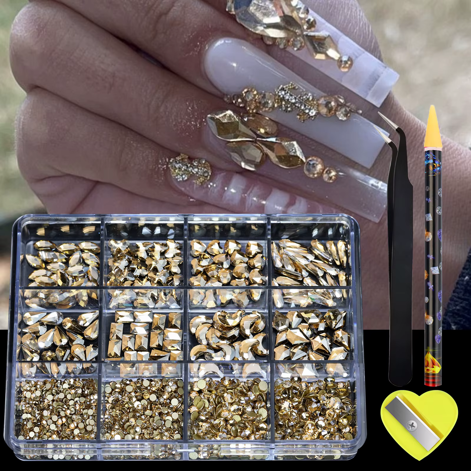780-980 pièces 3D multi-formes luxe Nail Art strass clair/AB/rouge/bleu foret à fond plat avec stylo