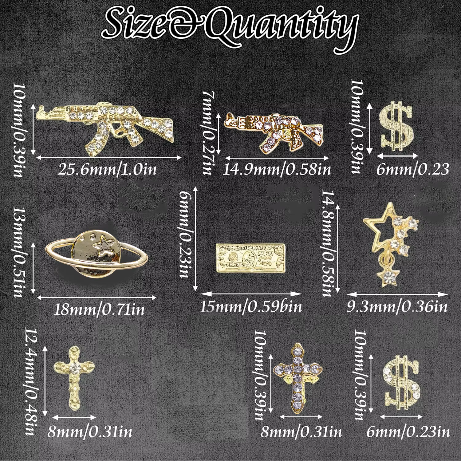 55 pièces pistolet ongles breloques 3D croix Nail Art bijoux or Dollar signe breloques ongles Multi 