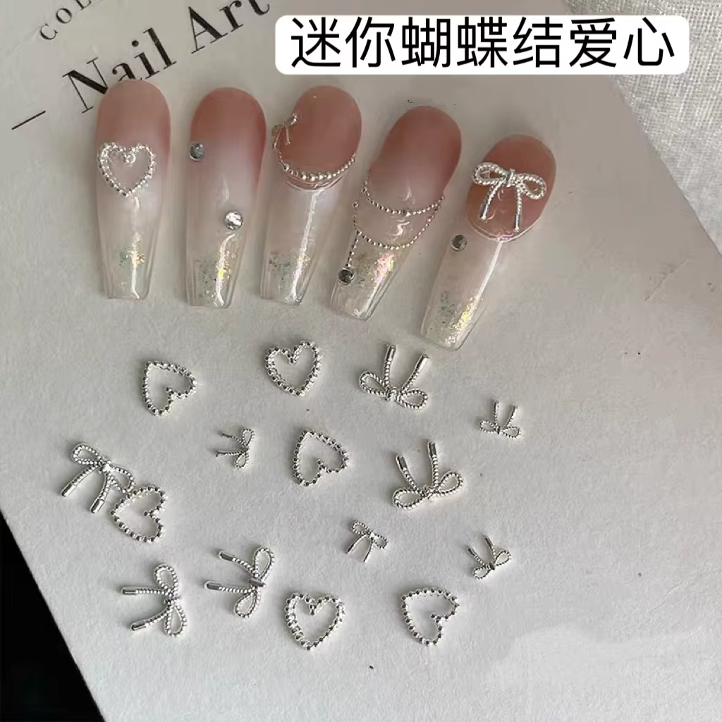 Décorations d'ongles avec nœud papillon en argent, breloques, ruban en alliage métallique, pièces d'
