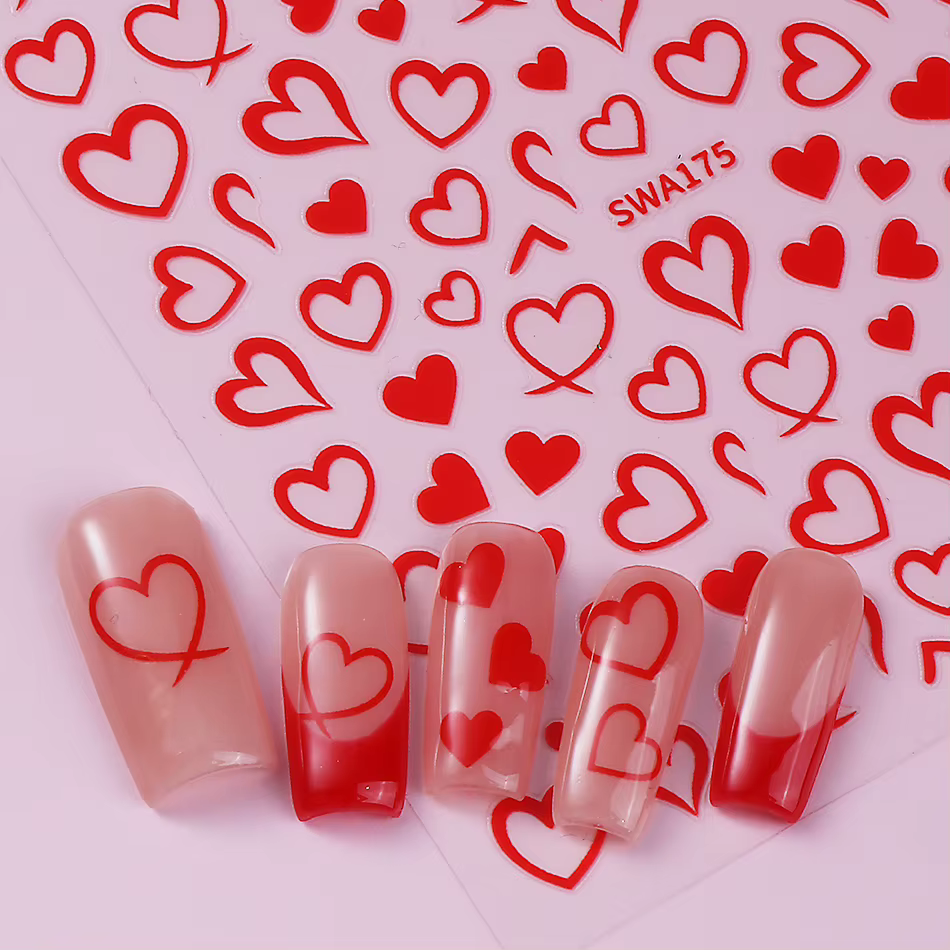 Autocollants pour ongles en forme de cœur d'amour bronzant, 3 pièces, ligne rouge or argent, décalco