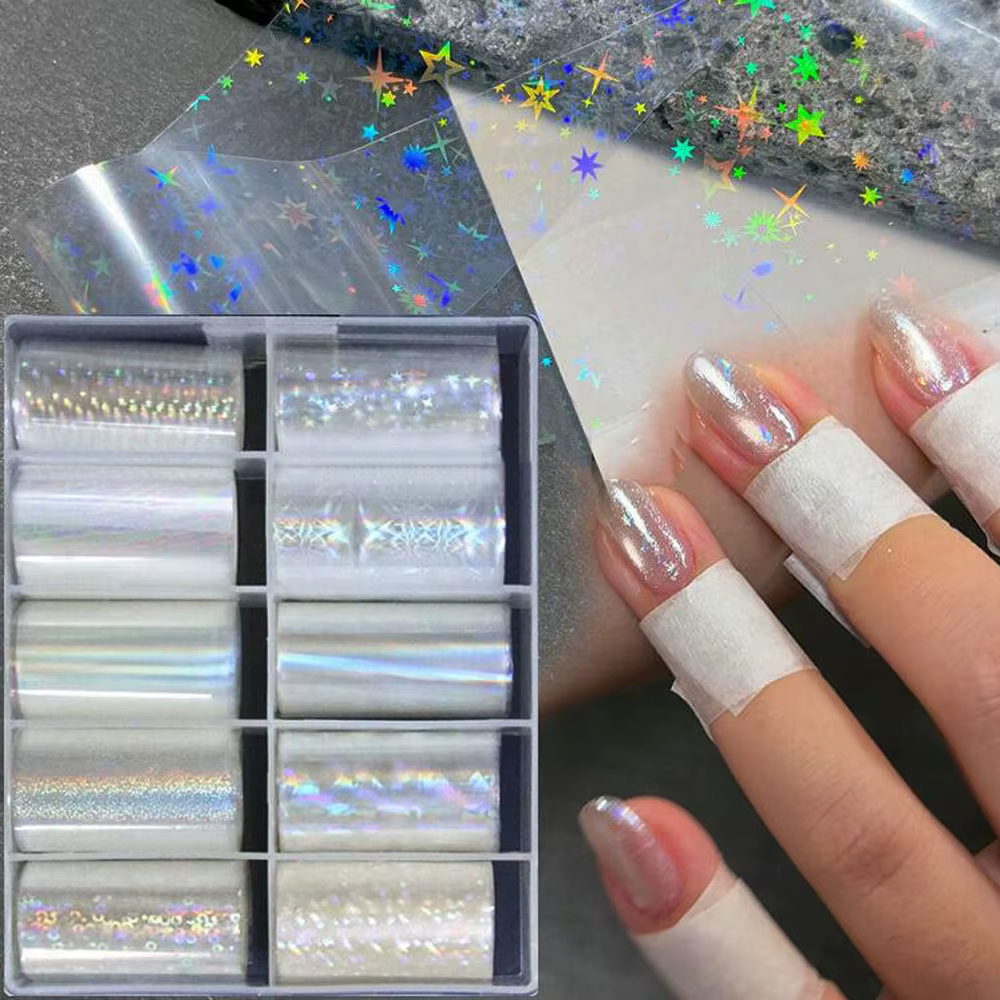 1 boîtes/10 rouleaux Aurora feuille d'ongle clair Laser verre Fragment ongles transfert autocollants