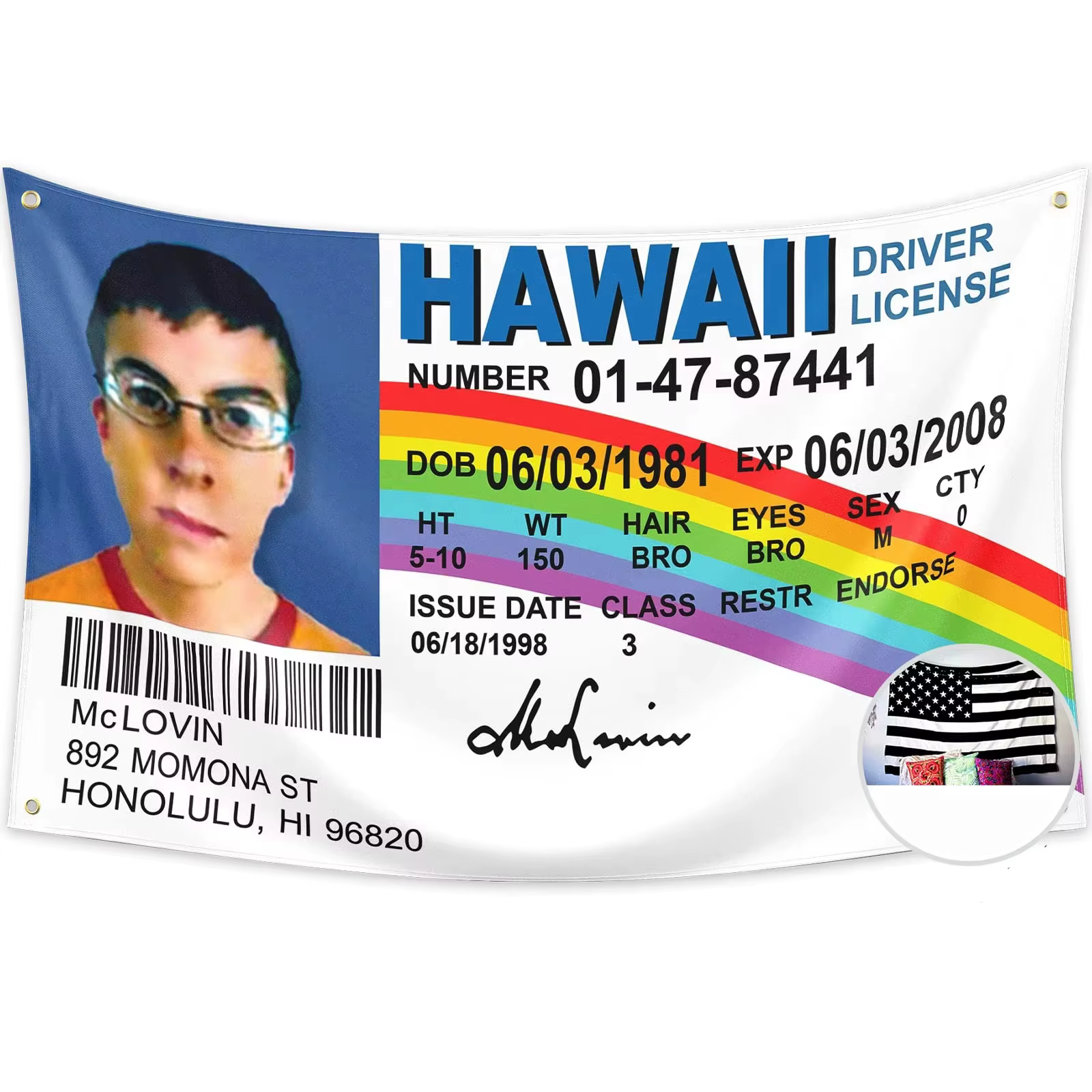 Drapeau McLovin ID, fausse carte de permis de conduire, bannière 3x5, affiche amusante, décorations 