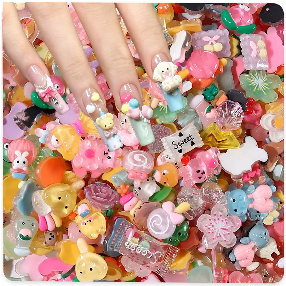 Breloques mixtes en résine Kawaii pour Nail Art, ours/canard/fleurs/arcs 3D, décoration d'ongles d'a