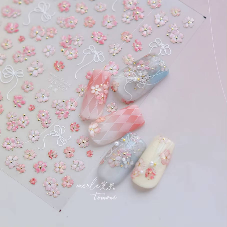 Autocollant pour Nail Art 5D, fleur de cerisier rose Sakura, estampage doré, adhésif doux en Relief,