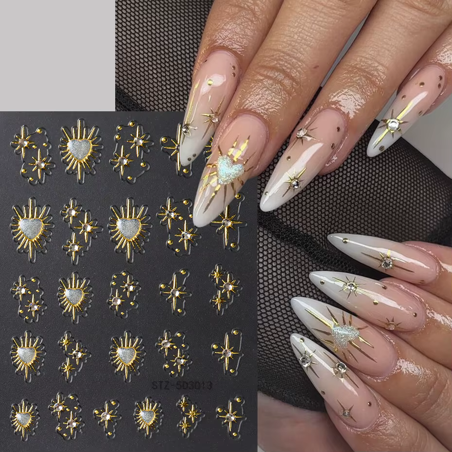 Autocollants adhésifs étoiles en cristal brillant pour ongles, 2 pièces, cœur doré, lumière des étoi