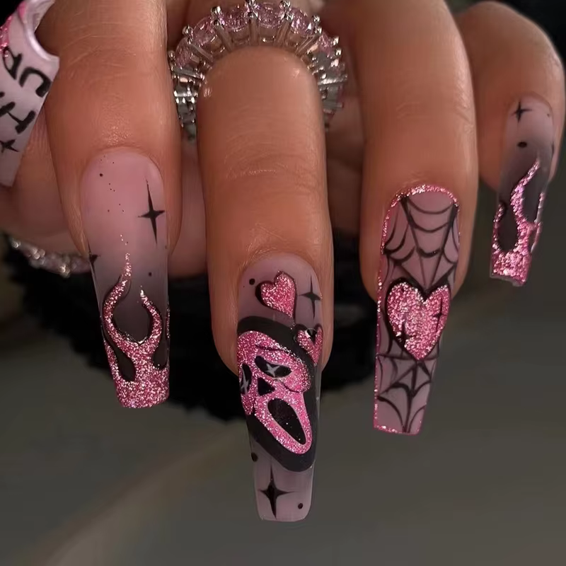 Faux ongles à paillettes roses, 24 pièces, Patch effrayant, crâne, amour, cœur, motif, ongles artifi