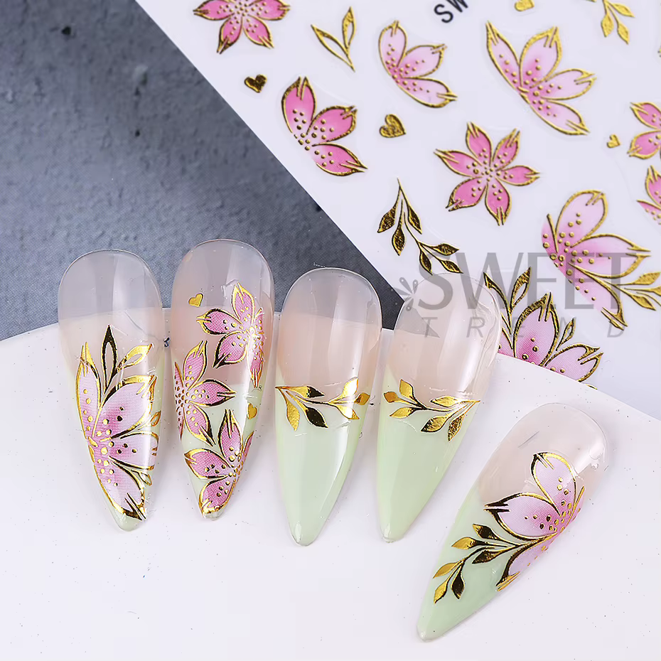 Autocollants pour ongles fleur d'hibiscus rose doré, 2/3 pièces, pétales de bordure bronzants 3D, cu