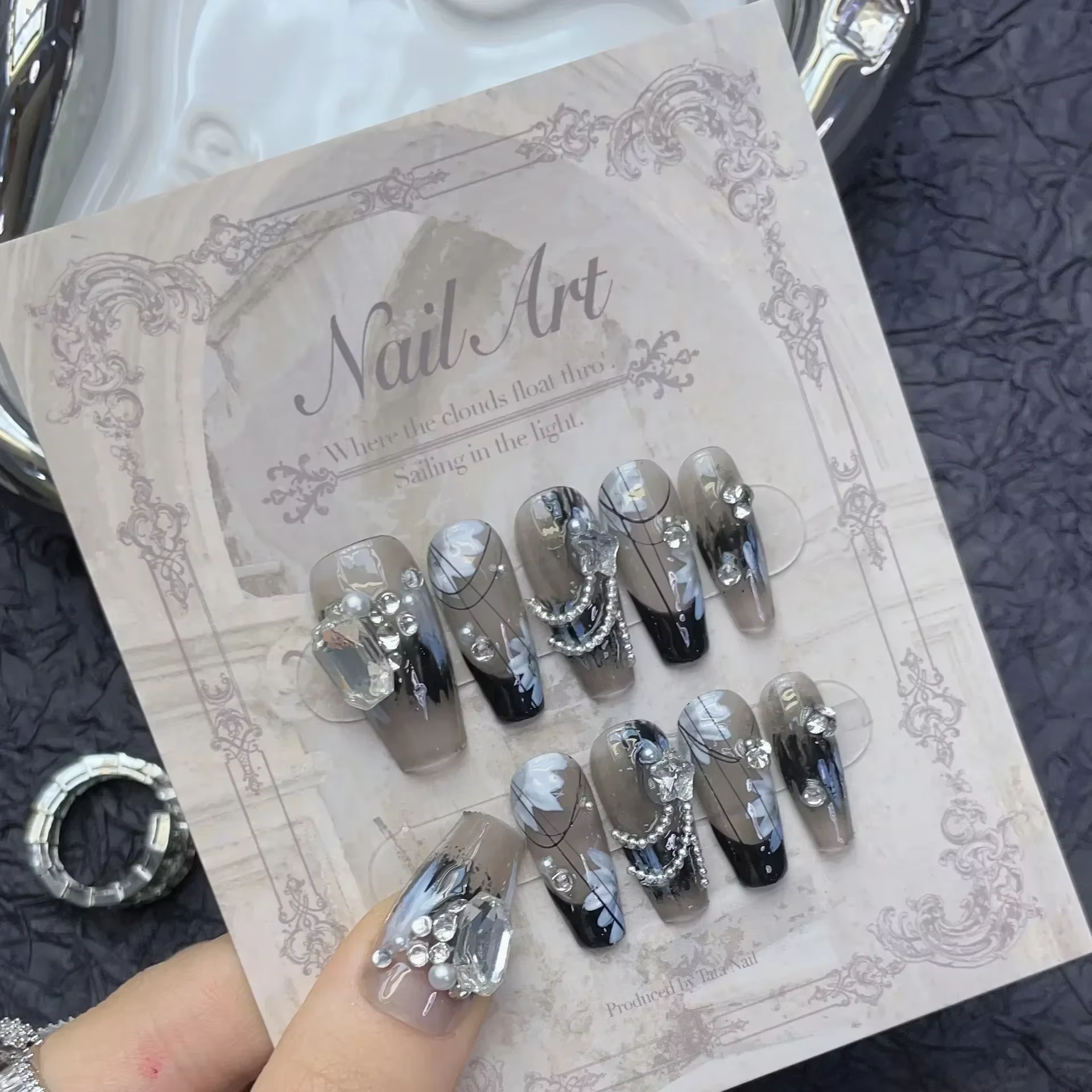10 pièces noir fait à la main presse sur ongles fleur Ballet portable strass faux ongles décoration 