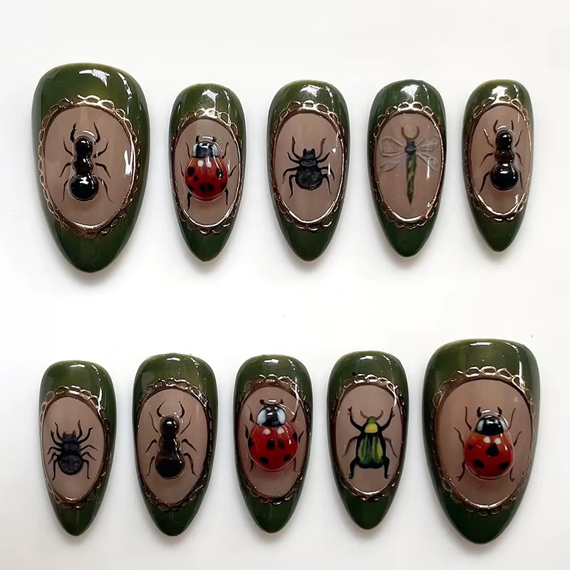 24 faux ongles courts en amande à presser, motif pomme rouge, avec strass ovales, à couverture compl