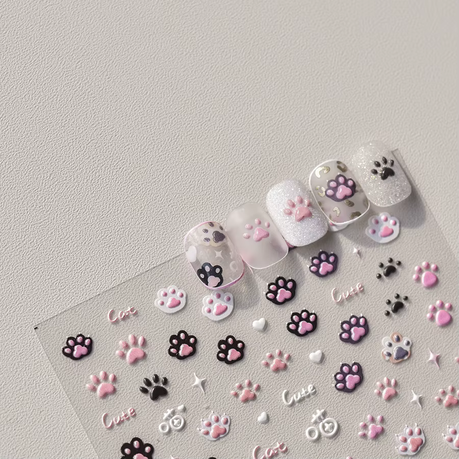 Autocollants pour ongles chat mignon gelée rose patte de chat dessin animé 5D en relief auto-adhésif