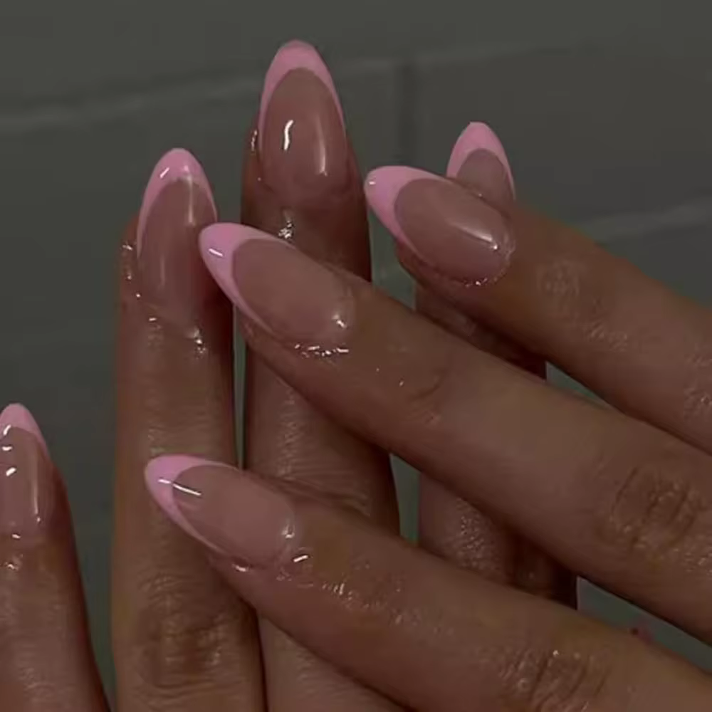 Faux ongles ovales courts à bord français rouge, 24 pièces, avec motif cerise et faux ongles en acry
