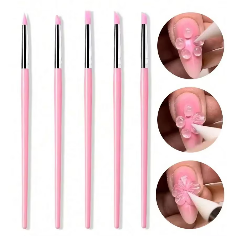 Brosse à ongles en Silicone, 5 pièces/ensemble, sculpture, gaufrage, Gel creux façonnant, stylo rose