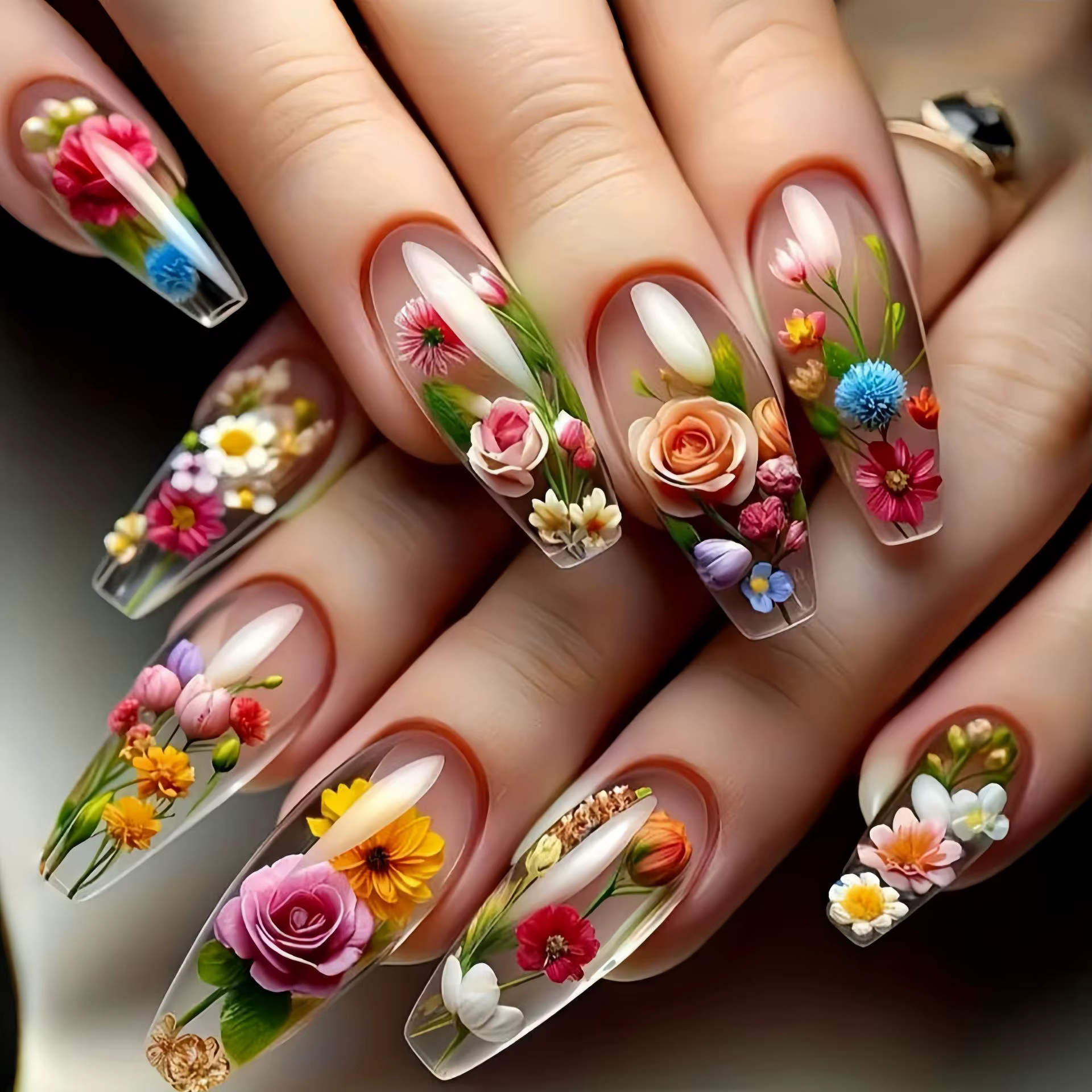 Faux ongles mi-longs pour femmes, roses, jaunes, rouges, bleus, à motifs floraux pour la saison prin