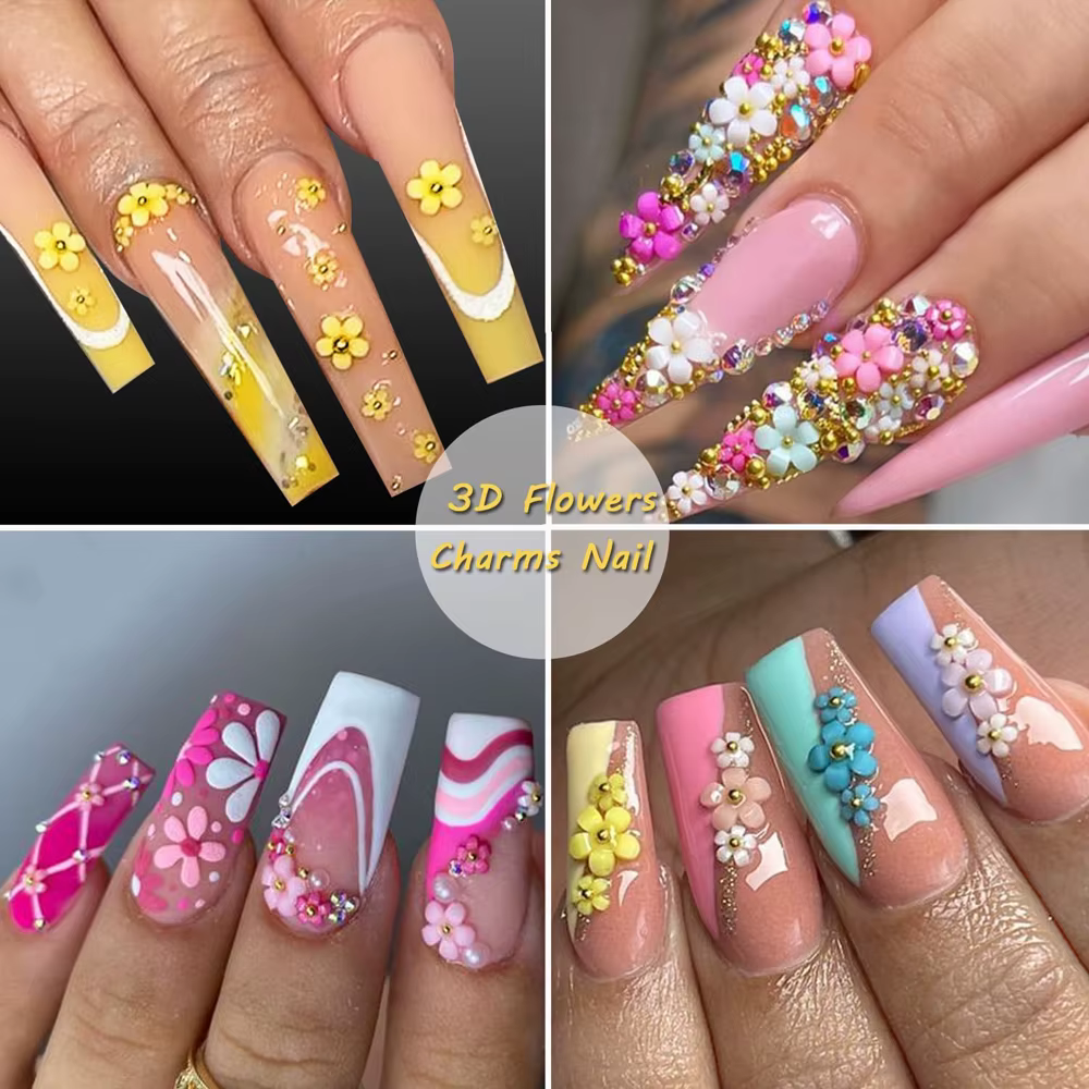 12 grilles de fleurs 3D colorées en acrylique pour nail art, mini fleurs à cinq pétales de 3/6/9 mm,