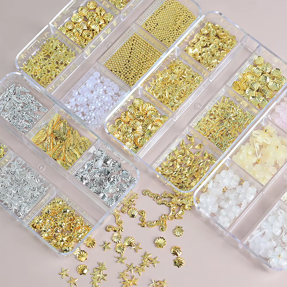 Breloques en métal pour Nail Art, 6 grilles, océan d'été, coquille 3D, étoile de mer, hippocampe, pe