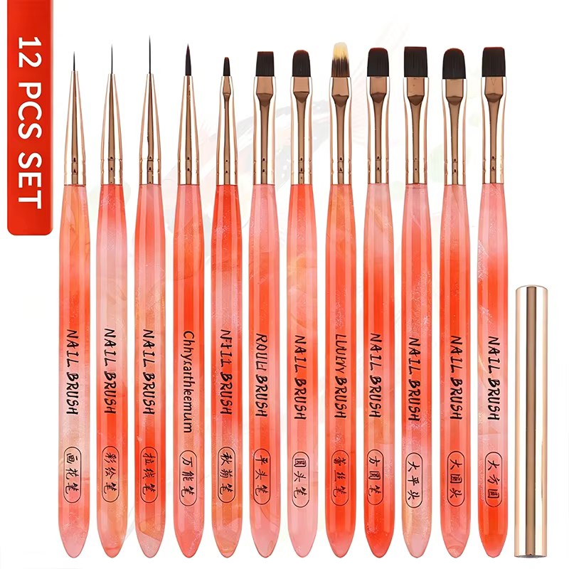 Ensemble de 13 pinceaux à ongles transparents Orange Koi, poils doux avec capuchons, pour gel UV, li