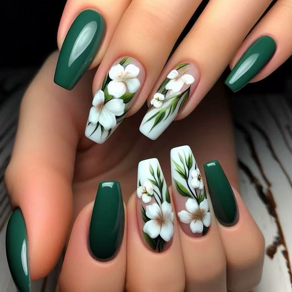 Faux ongles mi-longs pour femmes, vert, blanc, rose, rouge, motifs floraux, pour le printemps et l'é