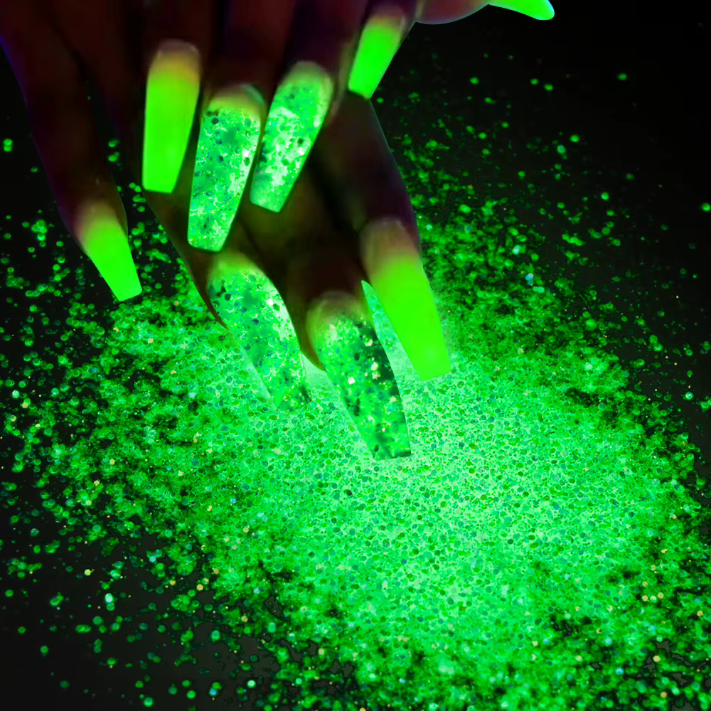 Poudre à Ongles Brillante dans le Noir, Pigment Bleu, Vert, Lumière Shoous, Poussière Phxing, Paille