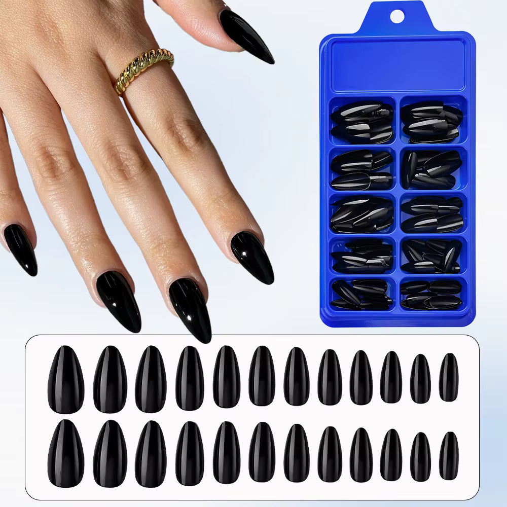 100 faux ongles en amande à presser, longueur moyenne, noirs mats, pour extension d'ongles artificie