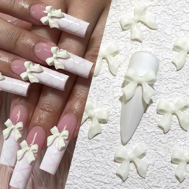 Breloques pour ongles avec nœud en ruban rose et blanc, pièces rouges coréennes, décoration de crava