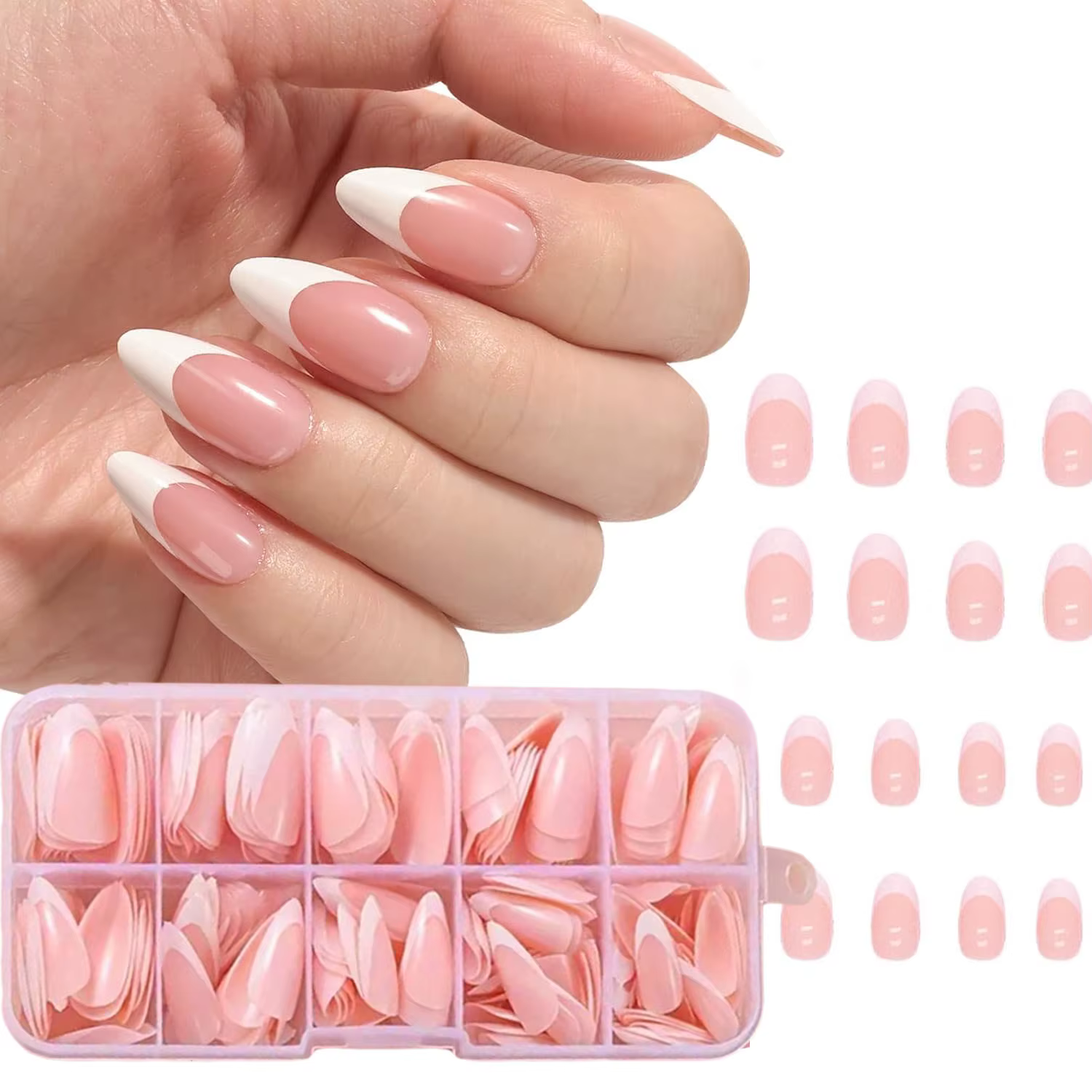 120 faux ongles amande moyenne, style français, avec bord blanc, à presser, couleur nude rose simple