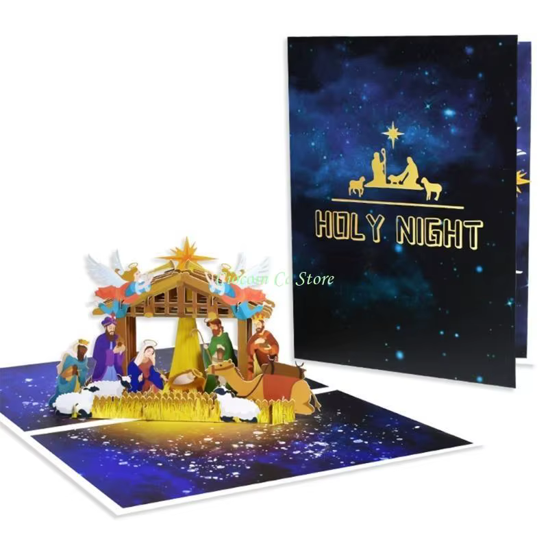 X90F Cartes Noël Salutations joyeuses en 3D Naissance Jésus nuit sainte