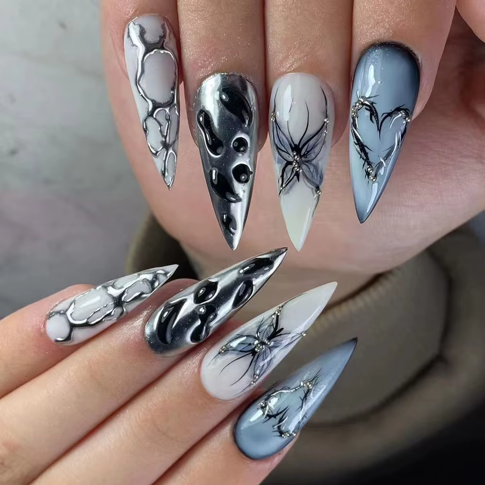 Faux ongles noirs Y2k avec diamant, longs amandes, Design papillon, à pression ovale, pour Halloween