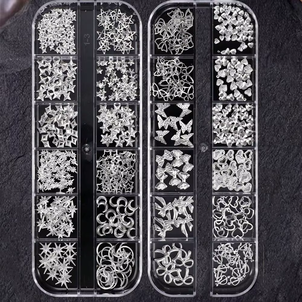 12 grilles de breloques et clous à ongles 3D argentés, motifs cœur, nœud, papillon, étoile, lune, st