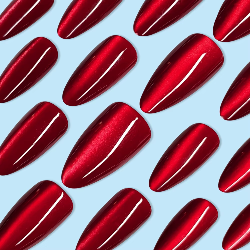24 pièces brillant rouge oeil de chat presse sur ongles couverture complète couleur nue portable ama