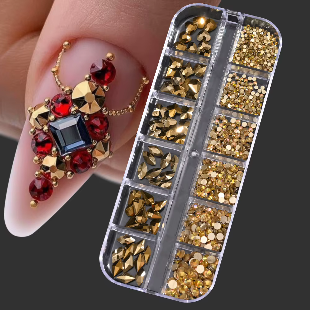 Strass 3D or/Champagne pour Nail Art, 12 grilles, formes mixtes, diamants en verre à dos plat, brelo
