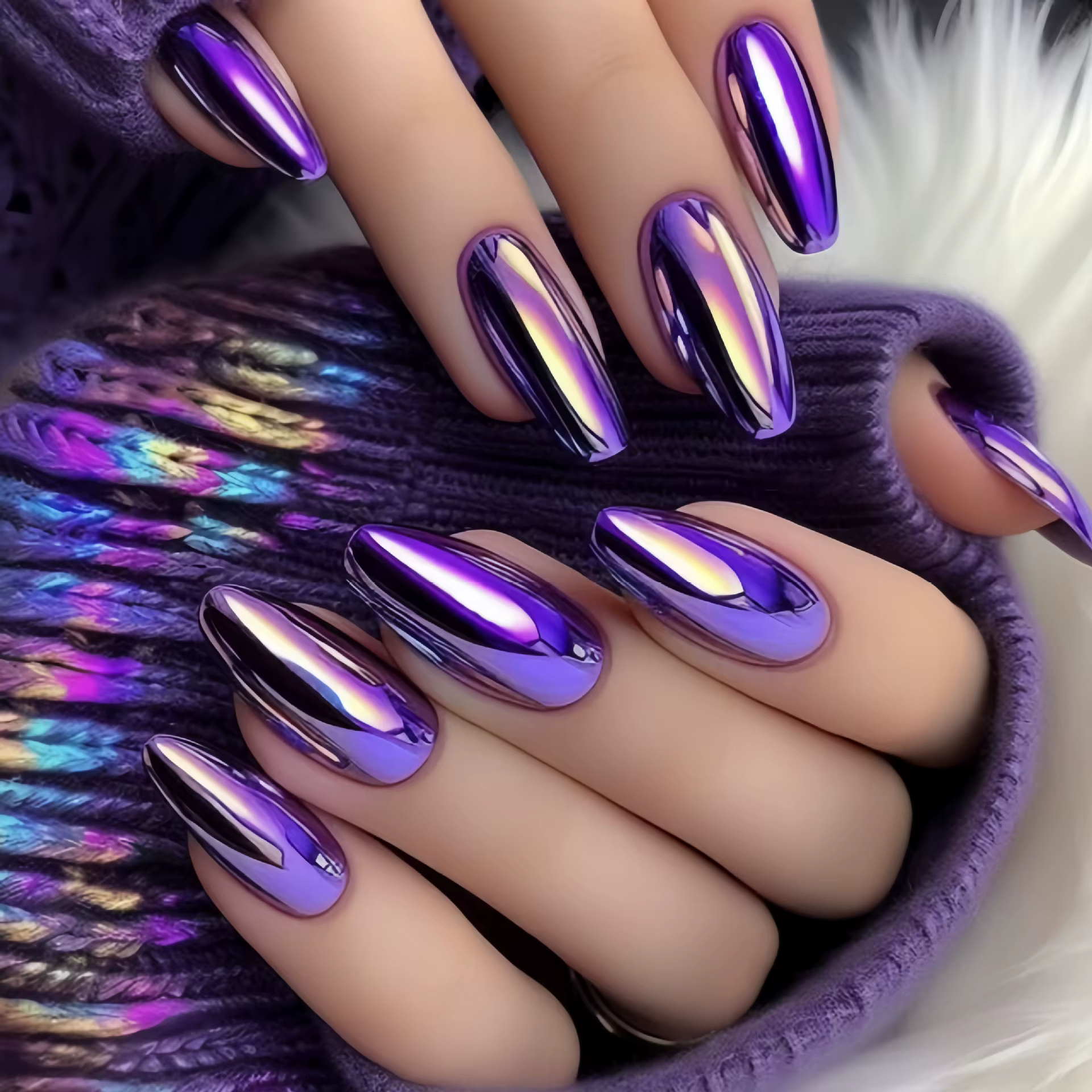Faux ongles violets tendance pour femmes et filles, effet métallique holographique, longueur moyenne