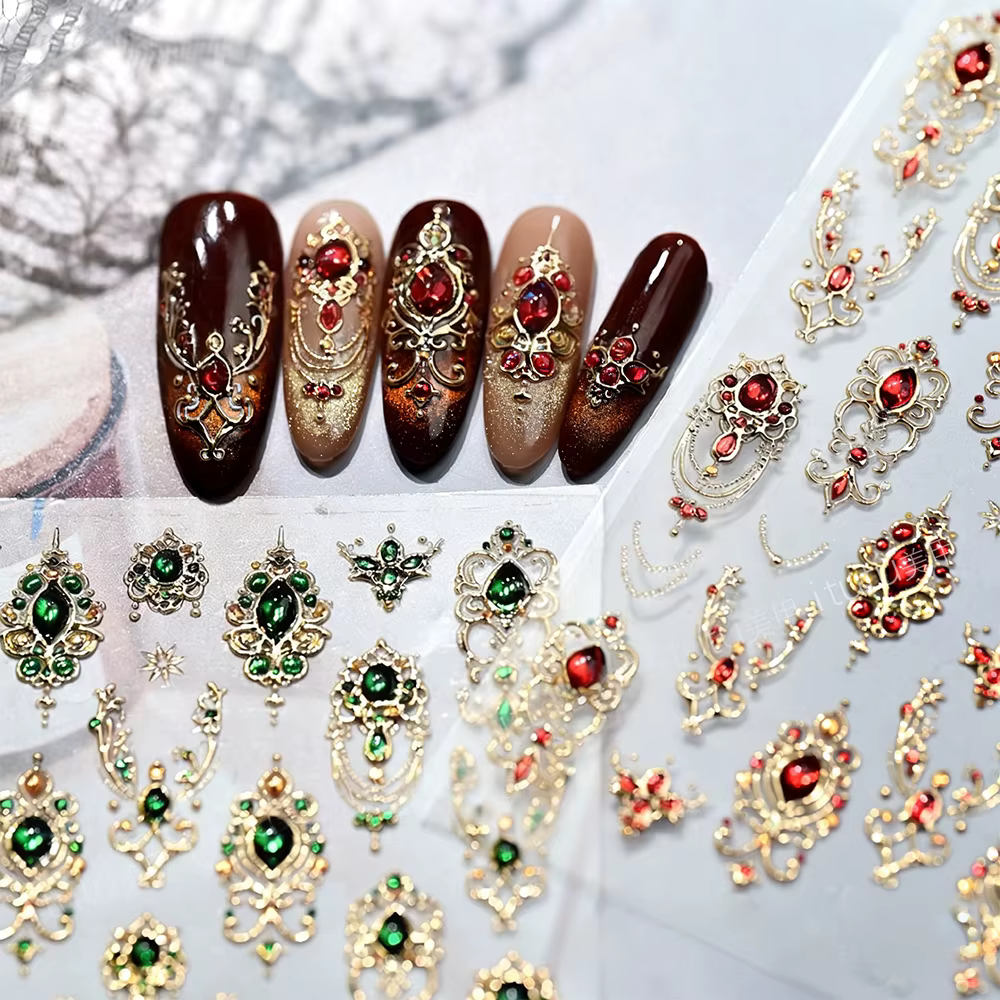 Autocollants pour ongles en pierres précieuses émeraude en relief 5D, cadre doré de luxe, fleur Baro
