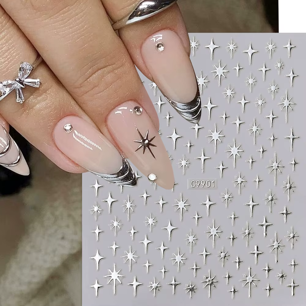 Autocollants pour ongles étoiles Laser 3D, 6 couleurs, miroir métallique doré argenté, décalcomanies