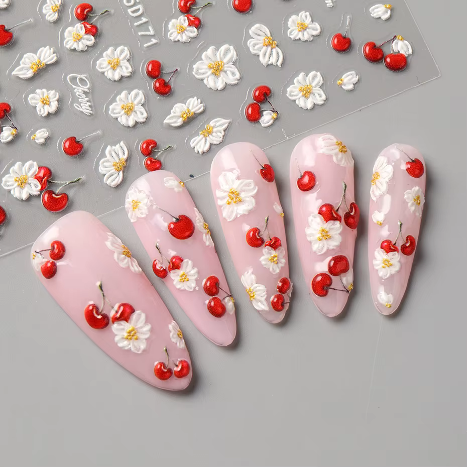 Autocollants pour ongles en relief 5D élégants à motif de cerises, fleurs blanches de printemps, aut