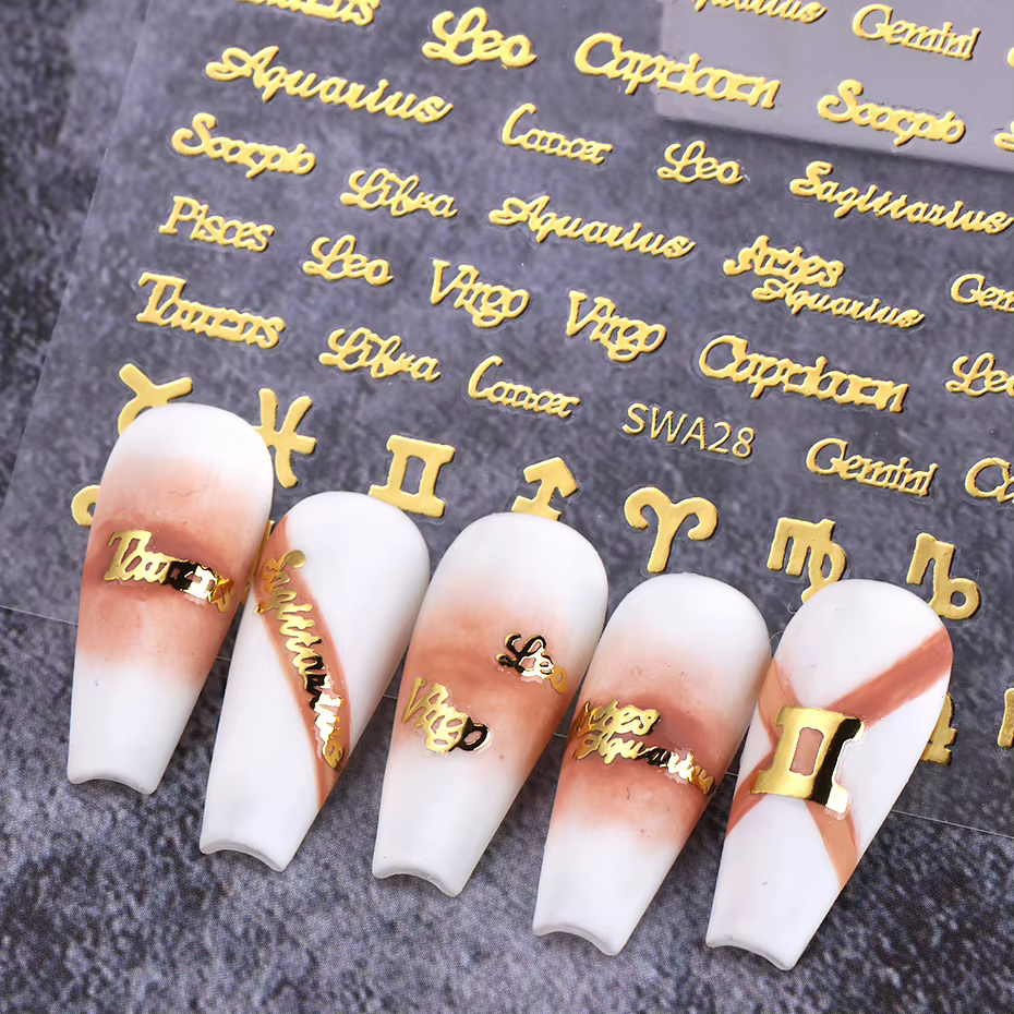 Autocollants de manucure pour ongles, douze Constellations, Alphabet anglais, mots adhésifs, or, arg