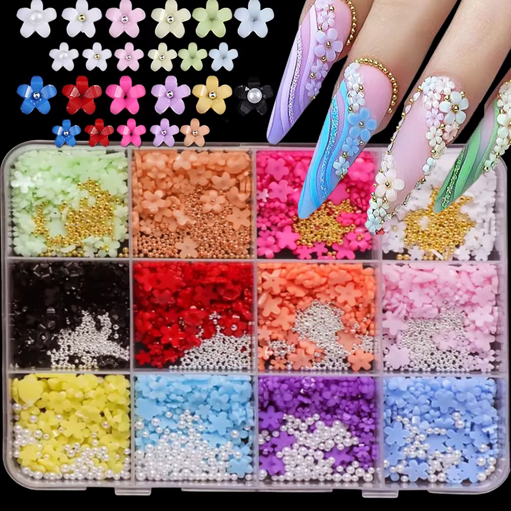 12 grilles de fleurs 3D colorées en acrylique pour nail art, mini fleurs à cinq pétales de 3/6/9 mm,