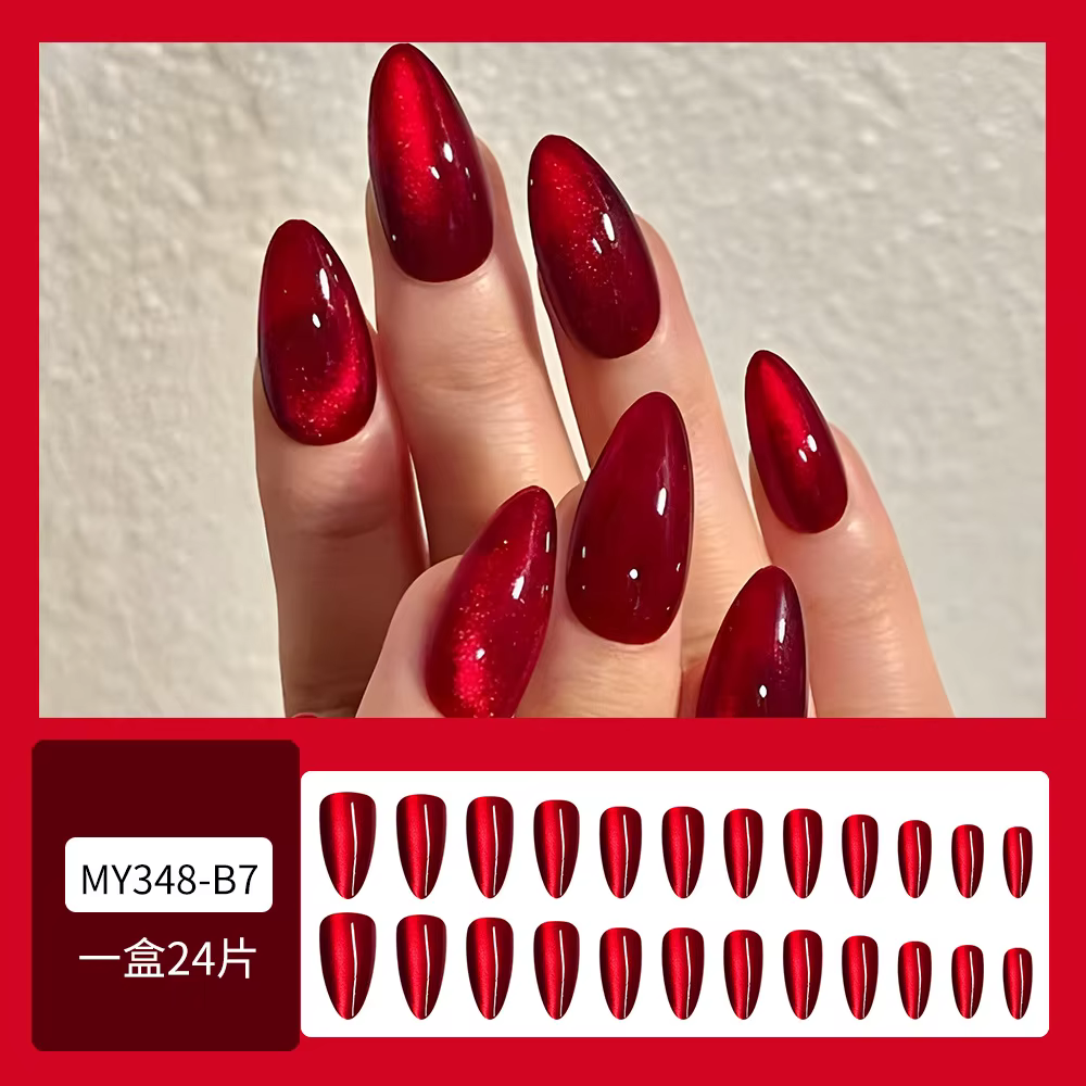 24 pièces brillant rouge oeil de chat presse sur ongles couverture complète couleur nue portable ama