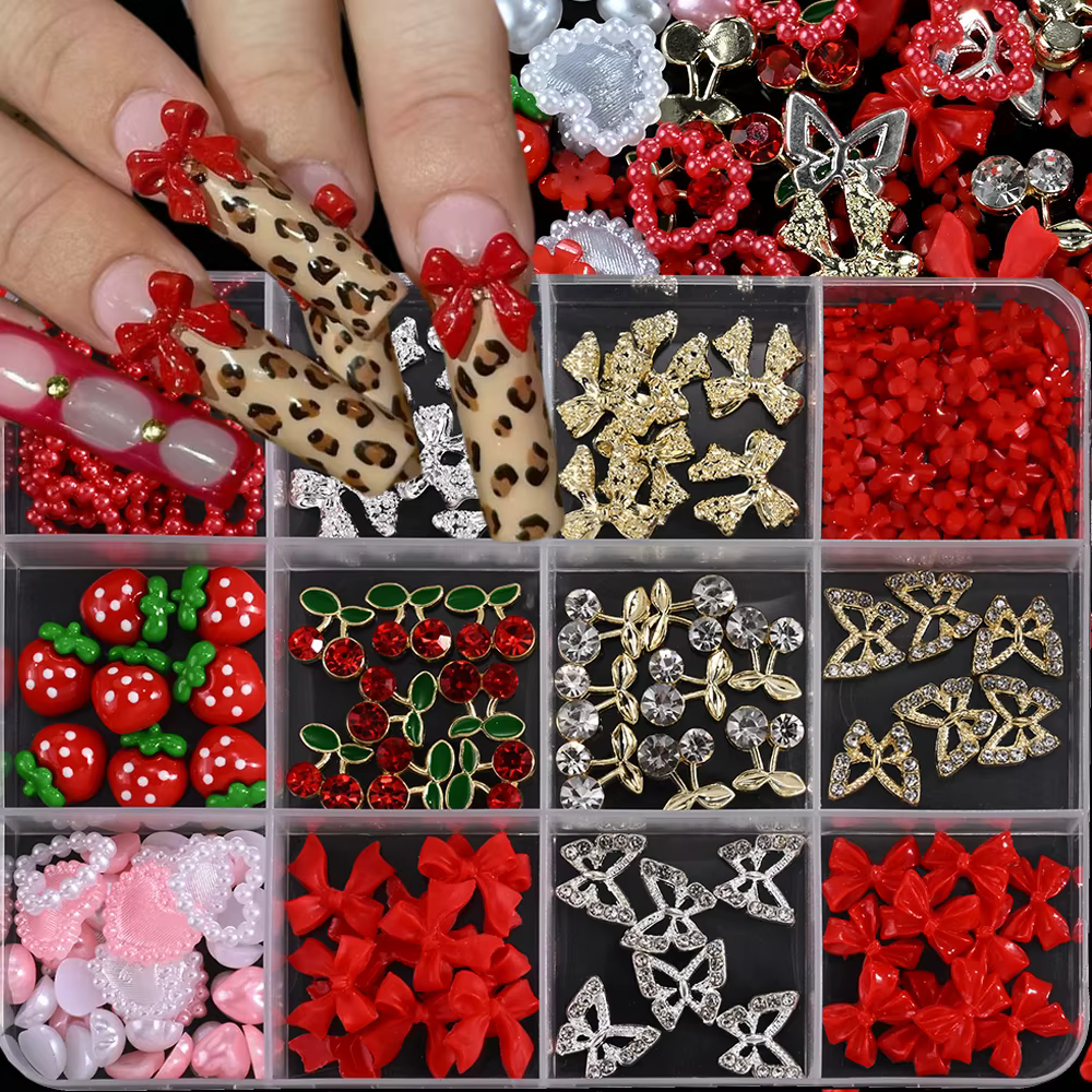 Breloques pour ongles en résine rouge, 12 grilles, nœud mixte 3D, fraise, perle, cœur d'amour, Nail