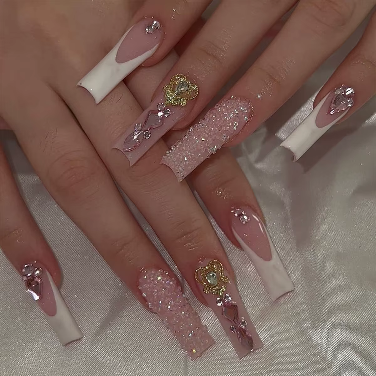 24 pièces longue tête carrée française presse sur faux ongles 3D fleur bleue strass conception couve